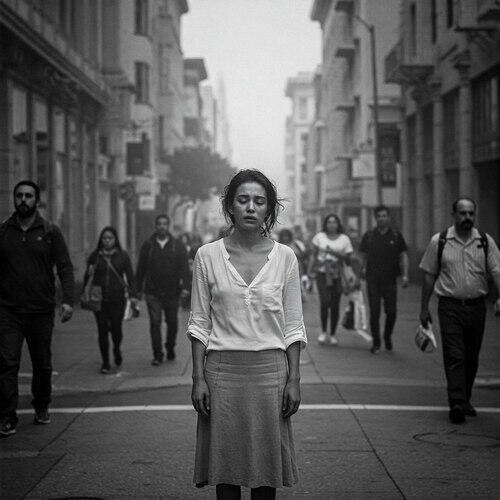 A woman stands motionless in the middle of a city crowd, eyes closed and blouse slightly open, embodying ritual stillness and erotic exposure.